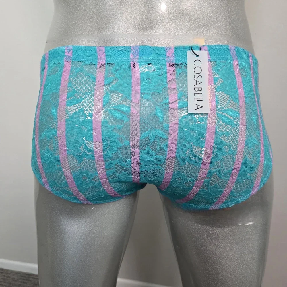 Cosabella Mens Never‎ Say Never Curvy Lace Brief Turquoise Lilac Striped Sheer M
